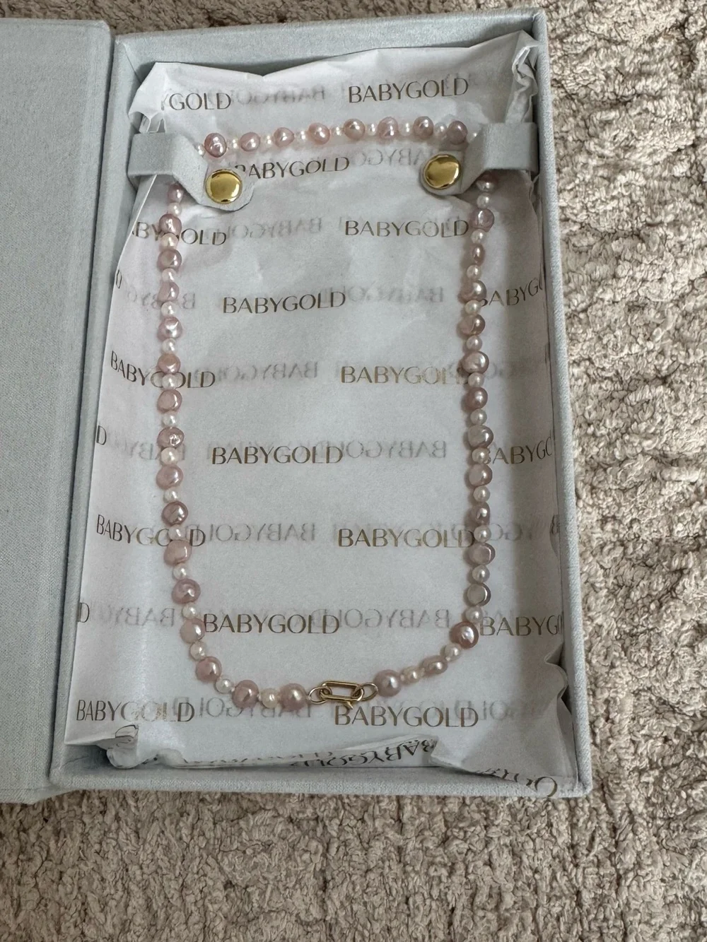 MWOTBaby Gold Blush & White Pearl Necklace With 14K Gold Petite Paper Clip Clasp - Picture 5 of 10